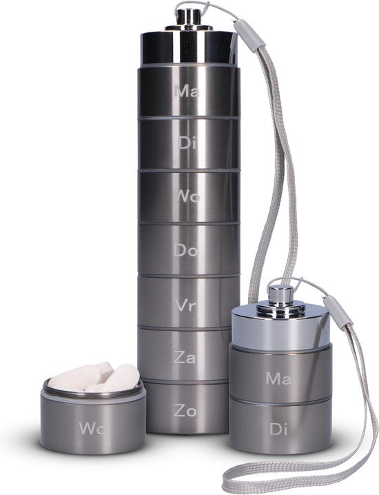 Gandria Pillendose 7 Tage - Herausnehmbare Pillendose - Pillendose mit 7 Fächern - Medikamentenbox mit stabilem Verschluss - Hülle - Wasserdicht - Grau