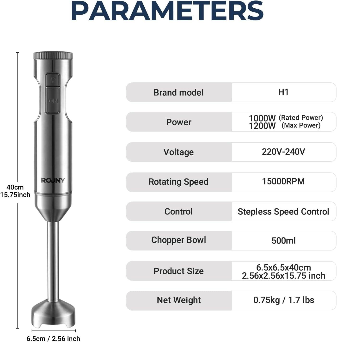Rouny 4-in-1-Stabmixer PHB8001 – 1200 W – mit 700-ml-Messbecher, Schneebesen und 500-ml-Zerkleinerer – Edelstahl – Sicherheitsverriegelung