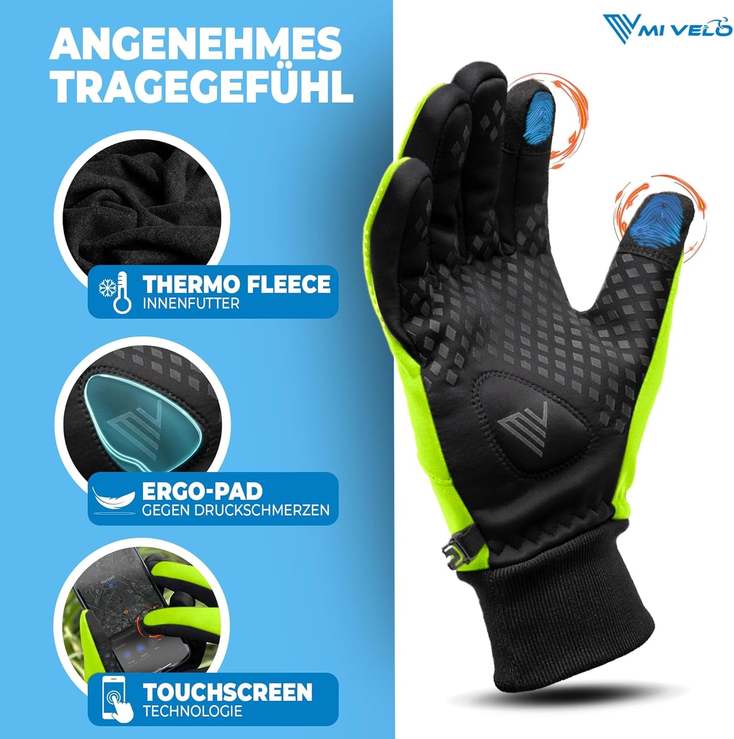 MIVELO Cycling Handschuhe VELORIDER - Wind- und wasserdicht - fester Griff - Gelb - Größe M