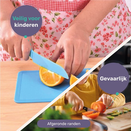 Qwali Blau Kindermesser Set - Sicher - Inkl. Schneidebrett - Kinder - Besteck - Messer Kind - Küche - Spielzeug