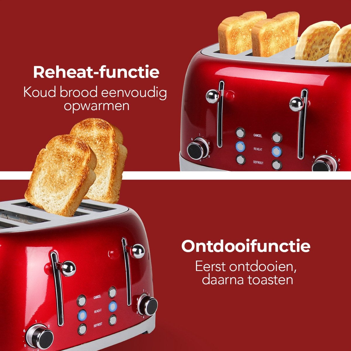KitchenBrothers Retro-Toaster - 6 Heizstufen - 4 extra breite Schlitze - 1630W - Aufwärm- und Auftaufunktion - Rot
