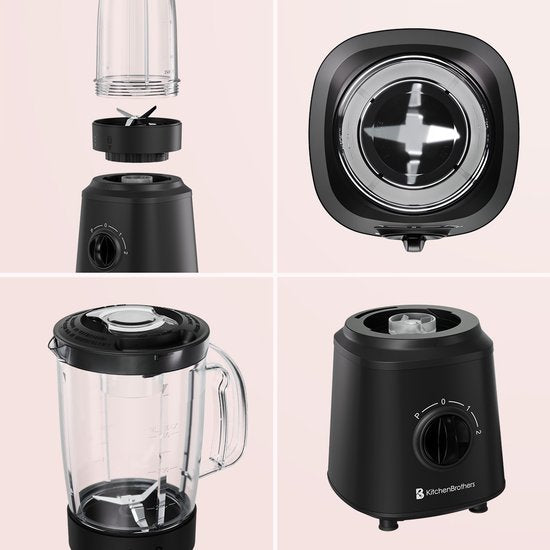 KitchenBrothers Blender - Komplettset - 2x 750ml Krug - Mahlwerk - Sieb - To-Go Becher - Schwarz