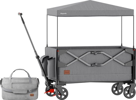 LifeGoods Wagon - Faltbar - Kindertransport - Mit Dach - 80KG Tragfähigkeit - Strandwagen - Schwenkbare Räder - Grau