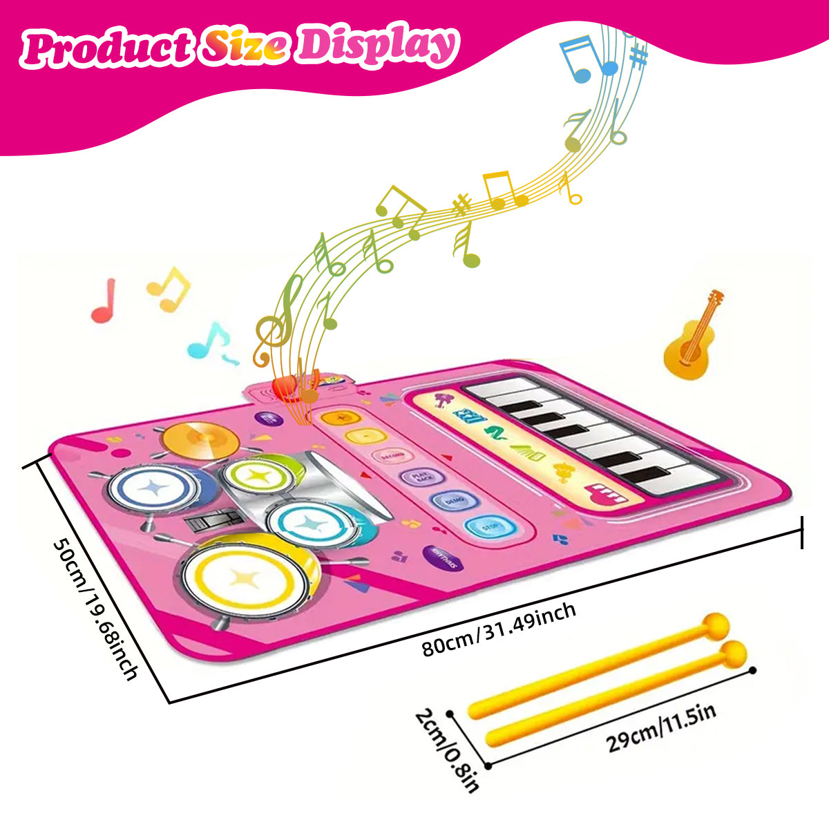 2-in-1-Spielmatte mit Klavier- und Jazz-Schlagzeug für Kinder, rosa