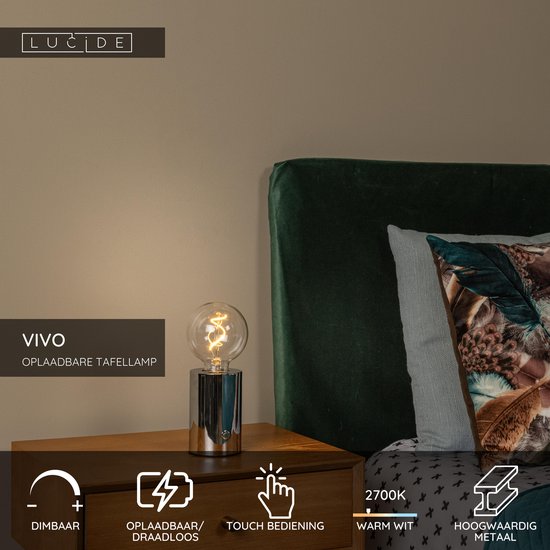 Lucide VIVO – Wiederaufladbare Tischlampe – Akku/Batterie – Ø 8 cm – dimmbare LED – E27 – 1x1 W, 2700 K – Chrom