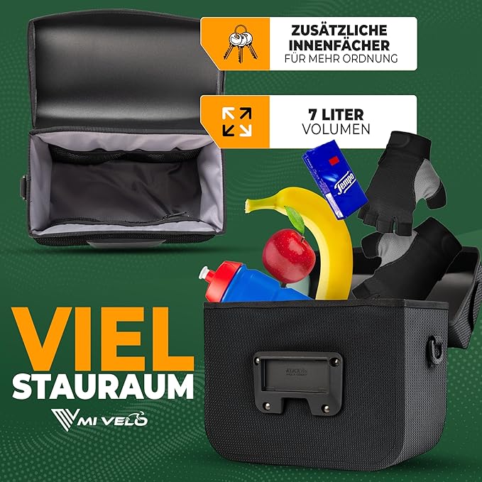 MIVELO Lenkertasche - 100% Wasserdicht & mit Handytasche - 7 Liter - Schwarz Reflektierend