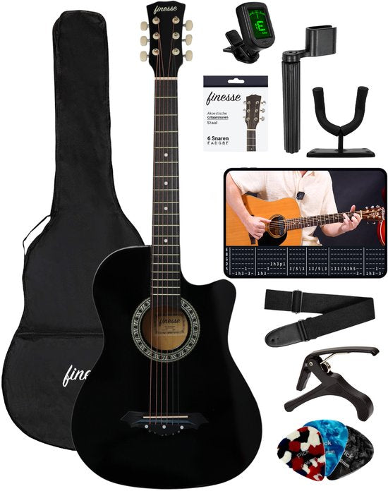 Finesse Akustikgitarre - Mit Videokurs - Westerngitarre - Gitarre Kind & Erwachsener - Schwarz