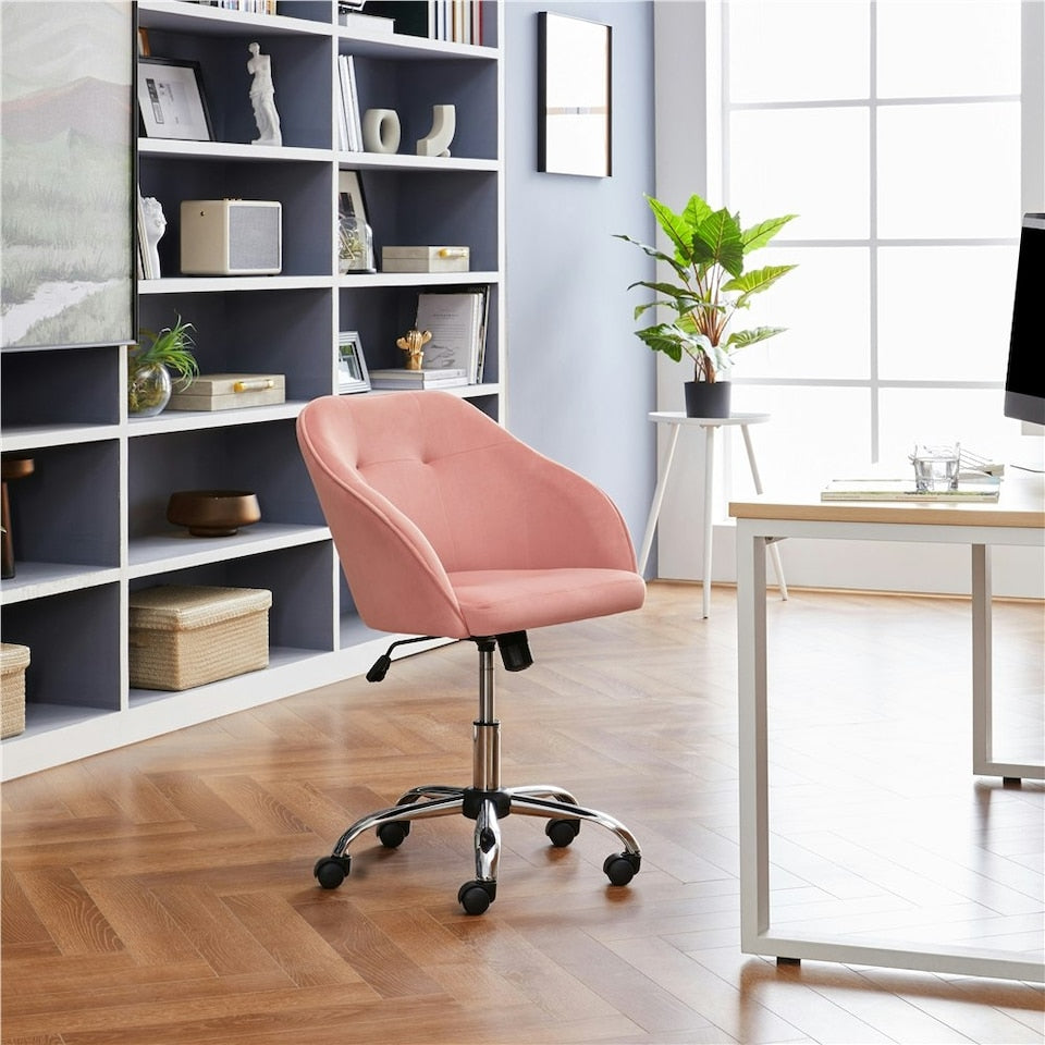 Yaheetech Ergonomischer Bürostuhl aus Samt – Verstellbar von 76,5 bis 86,5 cm – 60 x 60 cm – Hellrosa