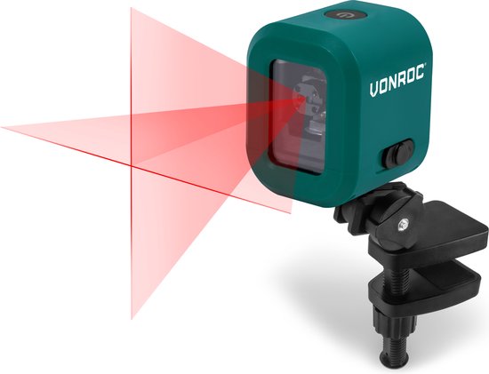 VONROC Kreuzlinienlaser - Rot - 4V Akku - 1800mAh - Selbstnivellierend - 10 Meter Reichweite - Inkl. Halterung, USB-C Kabel & Aufbewahrungstasche