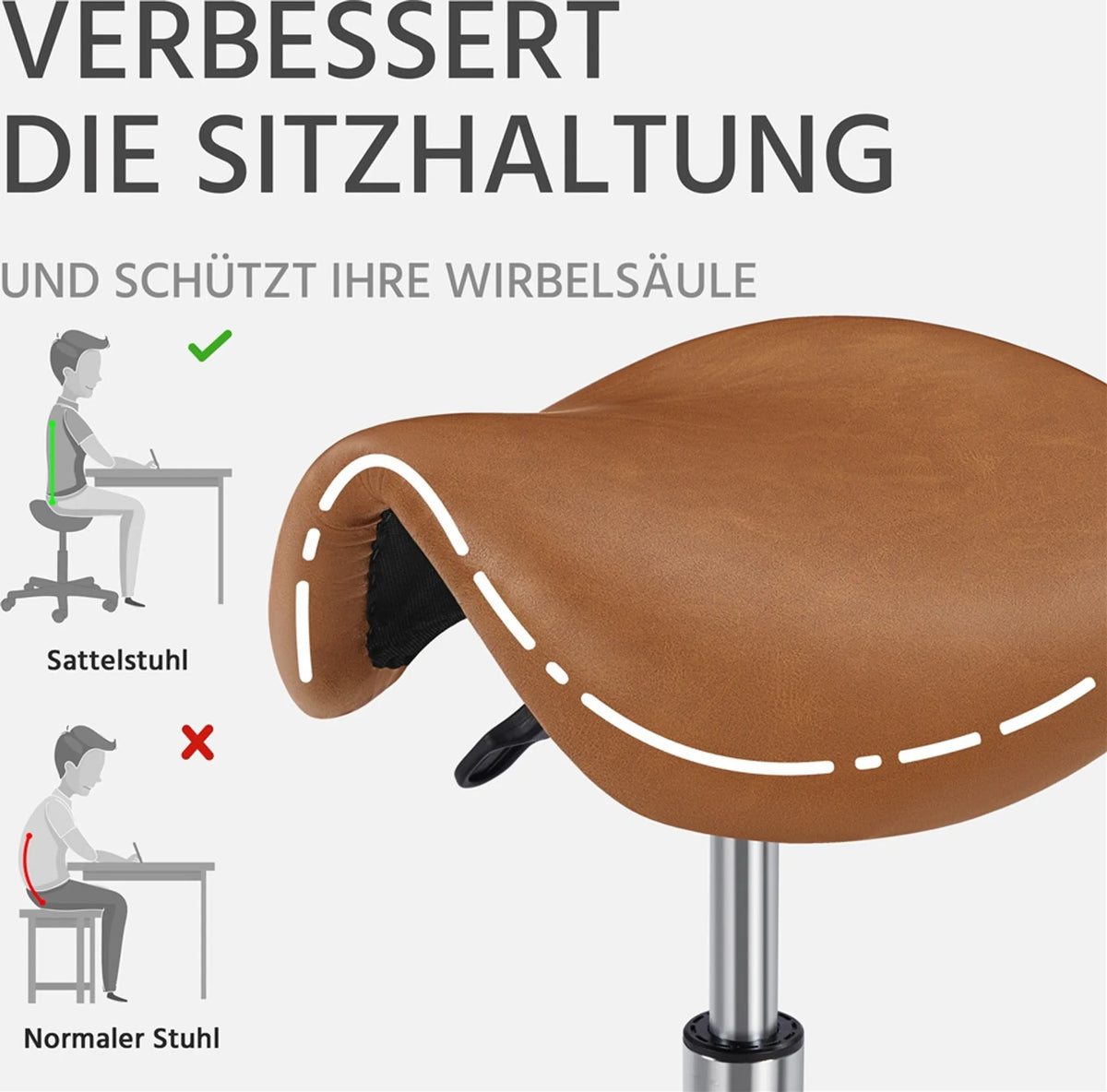 Yaheetech Saddle Stool Ergonomisch - Ausgestattet mit höhenverstellbarem SGS Gaslift und 360° drehbaren Nylonrädern und verchromtem Fuß - Für Friseursalon und Praxis - Retro Braunes PU Kunstleder und Metall - 50 x 50 x 45,5-60 cm