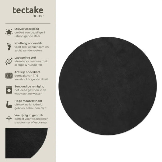 tectake Kurzflor-Teppich „Soft Zone“ – Ø 120 cm – Schwarz – Extra weich – Rutschfest – Waschbar
