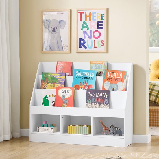 SoBuy Montessori KMB118-W Bücherregal für Kinder, Kinderregal mit 3 Ablagefächern und Spielzeugregal, Kinderzimmer, Bücherregal und Spielzeugregal, weiß, 100 x 80 x 30 cm