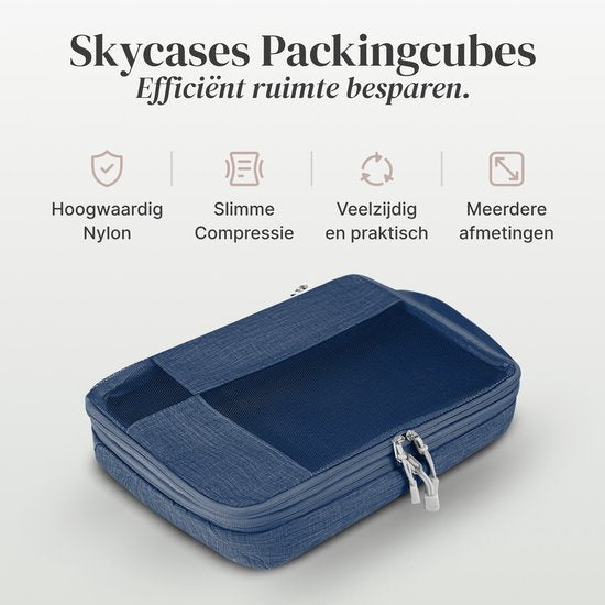 Skycases Travel Essentials Packing Cubes - 6-teiliges Set - Luxus-Kompressions-Organizer aus hochwertigem Nylon - platzsparend und langlebig - ideal für Reisen - Dunkelblau