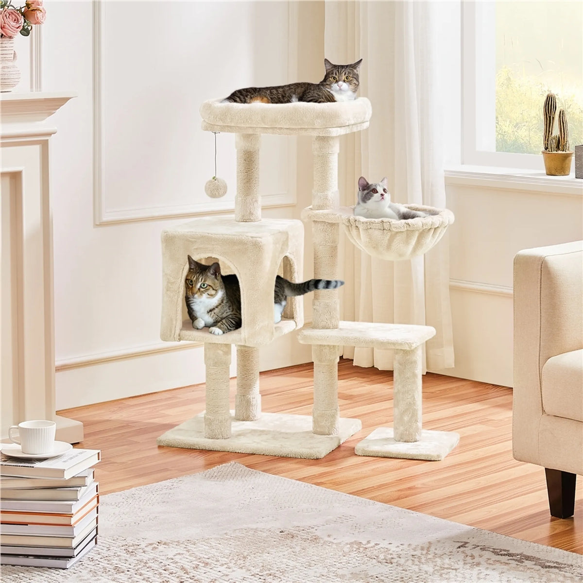 Yaheetech Kratzbaum mit Höhle und Liegefläche – 96 cm hoch – 80,5 x 39,5 cm – Beige