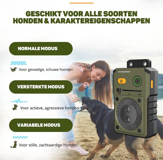Vulpes Goods® Pets - Ultraschall-Antibellgerät PRO - Deluxe Hundetrainer - Wiederaufladbar - Automatischer Betrieb - Kein Schock - Wasserfest - Für alle Hunde - Innen & Außen - 15m Reichweite - 3 Stufen - Antibellen - Hundetrainer