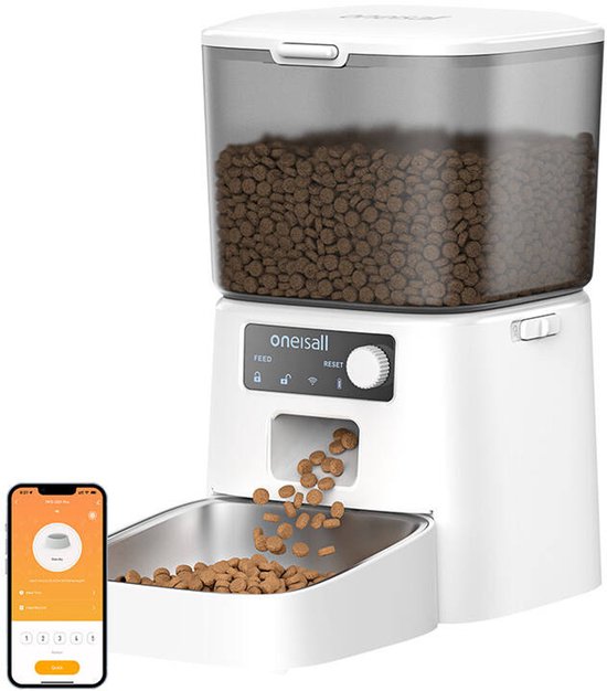 Oneisall Smart Futterautomat PFD-001 Pro CW15010 - Mit WLAN-Verbindung – Automatischer Futterautomat – Kabellos – Weiß – Futterautomat – Für Katzen und Hunde – Trockenfutter – Präzise Portionskontrolle – 3,5-Liter-Behälter – Mit App