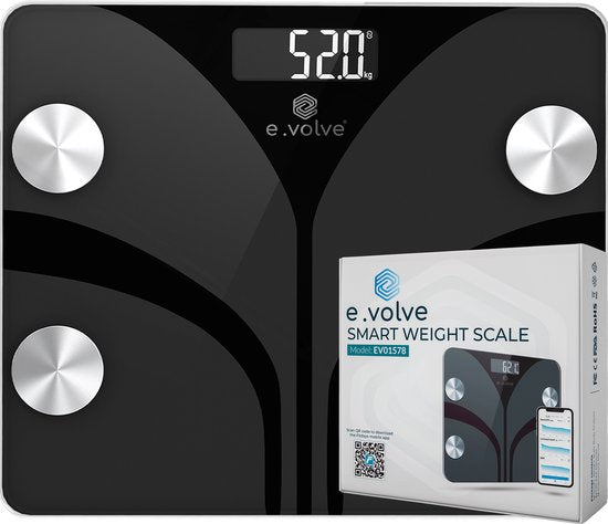 e.volve Waage Personenwaage Digital - 20x - Schwarz - Intelligente Waage mit Körperanalyse - Präzisionswaage - inkl. App
