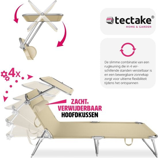 tectake - Liege, robust, verstellbar, Stahlgestell mit Sonnenschirm, 4-fach verstellbare Rückenlehne inklusive Kissen, Strandkorb Ideal für Garten, Pool, Camping- beige - 68 x 190 x 28 cm