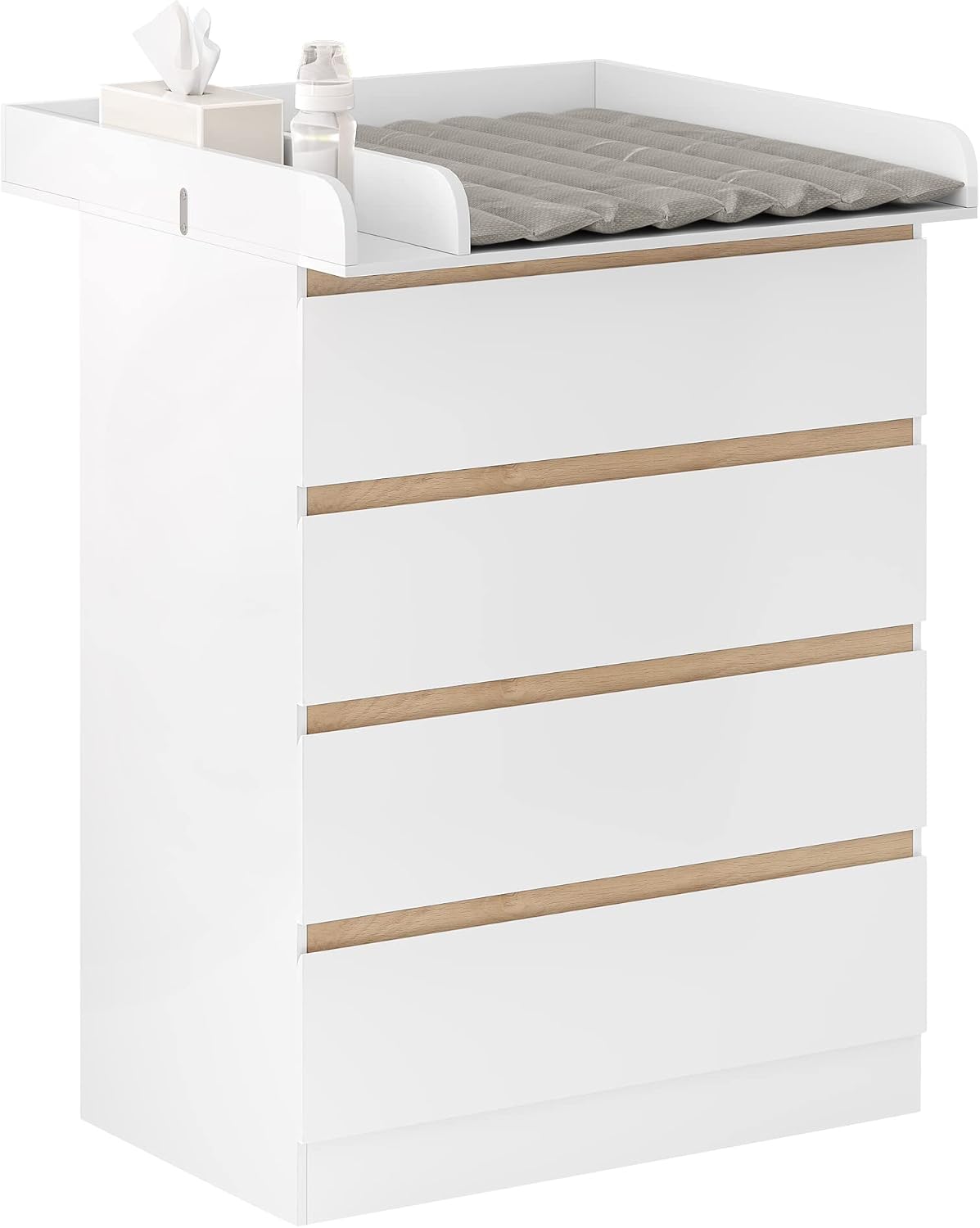 WOLTU Babykommode mit abnehmbarer Wickelauflage – 4 Schubladen – FSC-zertifiziertes Holz – Weiß