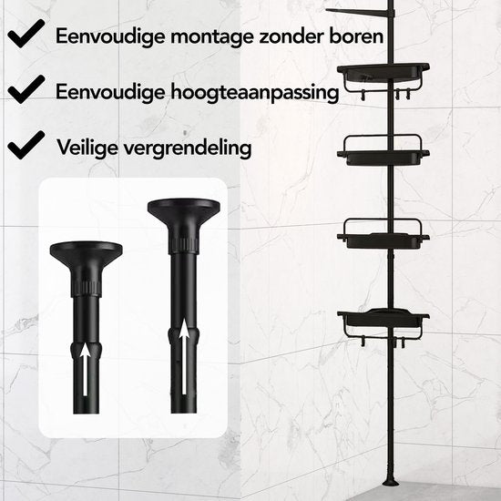 Brixy Duschregal - Teleskopisch - 85-305 cm - Kein Bohren - Boden bis zur Decke - 4 Ablagen - 3 Haken - Schwarz