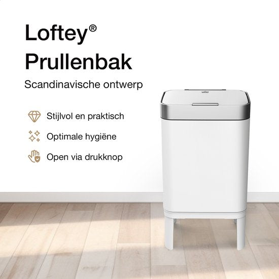 Loftey Mülleimer 60 Liter - Push/touch Mülleimer - Duo Mülleimer mit Inneneimer - Mülleimer 2 Fächer - Abfalltrennung 2x30L - Küche - Weiß/RVS