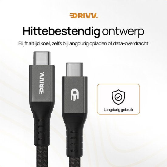 Drivv. USB-C-zu-USB-C-Kabel 4.0 – Gen 3 – 240 W Schnelllader – 8K 60 Hz – 40 Gbit/s – 3 Meter – Nylon – Schwarz