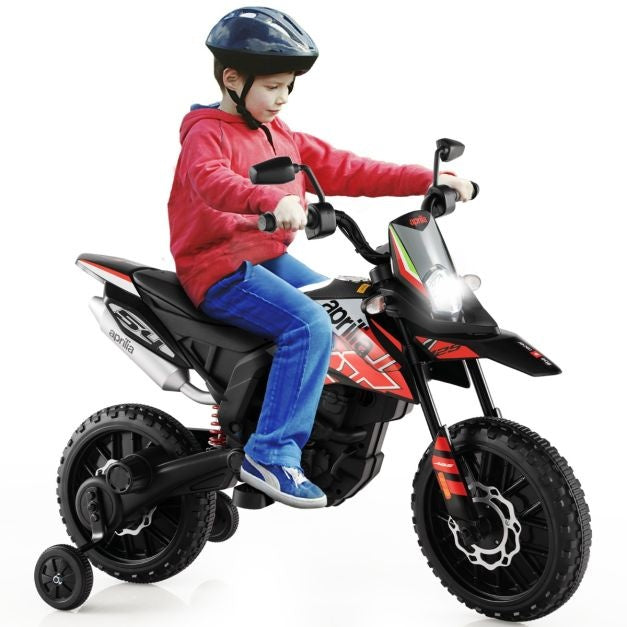 Elektromotorrad Aprilia-Führerschein für Kinder mit 2 Stützrädern 12V Batteriebetriebenes Motorrad mit Musik für Kinder von 3-8 Jahren