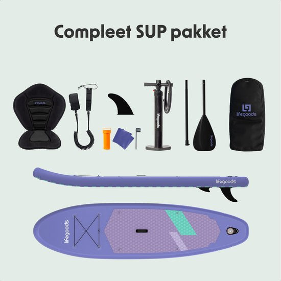 LifeGoods SUP Board All-round Compact - mit Sitz - 100 KG Tragfähigkeit - 300 x 76 cm - Aufblasbar - Komplettes SUP Paket - Lila