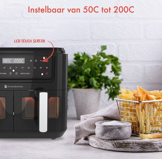 KitchenBrothers - Airfryer XXL - 9L - Heißluftfritteuse - 2 x 4.5L - 2400W - Schwarz