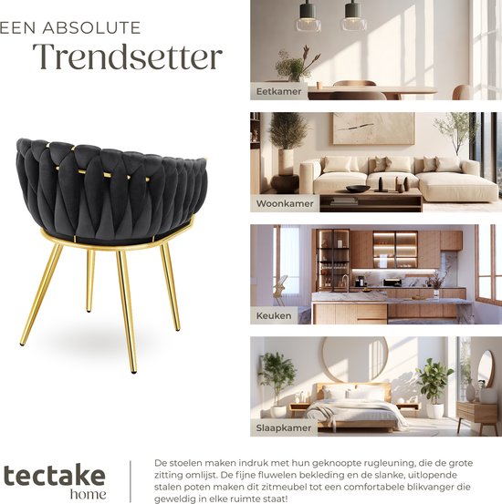 tectake® - 2er Set Esszimmerstühle aus Samt - Schalensessel mit Armlehne - Knopfoptik - 60,5 x 55 x 75 cm - Schwarz/Gold