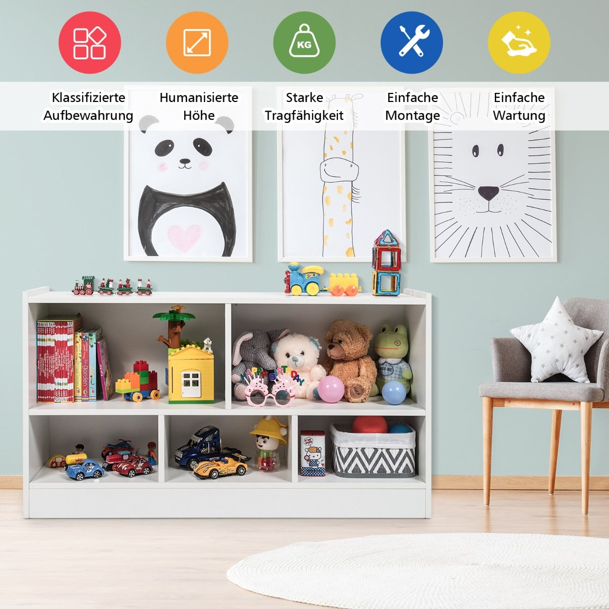Coast Spielzeugschrank für Kinder aus Holz Regal für Kinder 111 x 30 x 61,5 cm weiß