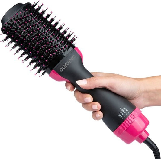 Auronic - 3-in-1 Haartrocknerbürste rund - Lang/Kurz/Style/Locken - Schwarz/Pink