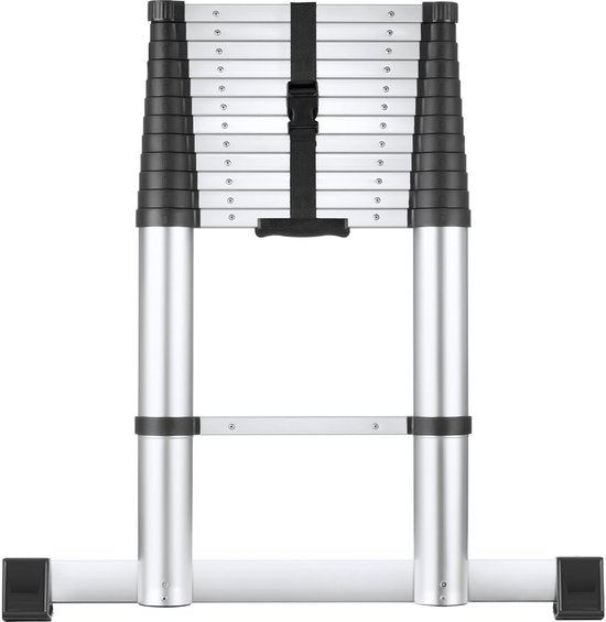 tectake® Teleskopleiter mit 13 Sprossen – Klappleiter – 3,85 Meter – Soft-Close – rutschfest – ausziehbare Teleskopleiter – Anlegeleiter – leichte Aluminiumleiter – zuverlässige Verriegelung