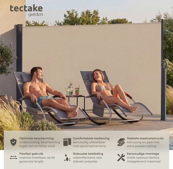 tectake® Ausziehbarer Windschutz mit Aufrollmechanismus – 300 x 180 cm – Seitenmarkise mit Aluminiumrahmen – Sonnenschutz – Gartenschutz – Beigefarbene Balkonmarkise – Undurchsichtiger Sichtschutz – Markisentuch