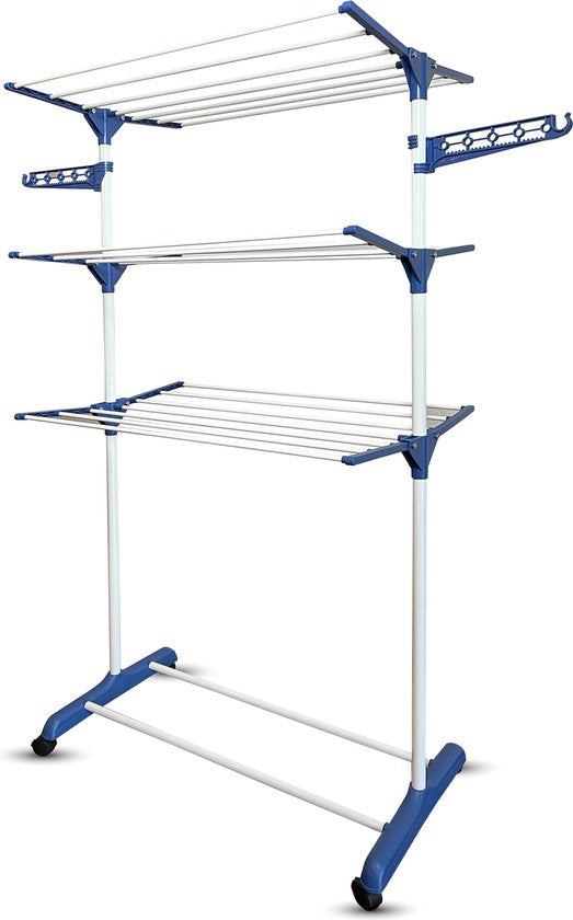 Shine Zusammenklappbarer Wäscheständer mit 3 Etagen und Rädern - Trockenturm - Wäscheständer mit 18 Stangen und 2 Haken - Edelstahl - Verstärktes ABS - 15 Meter Wäscheleine