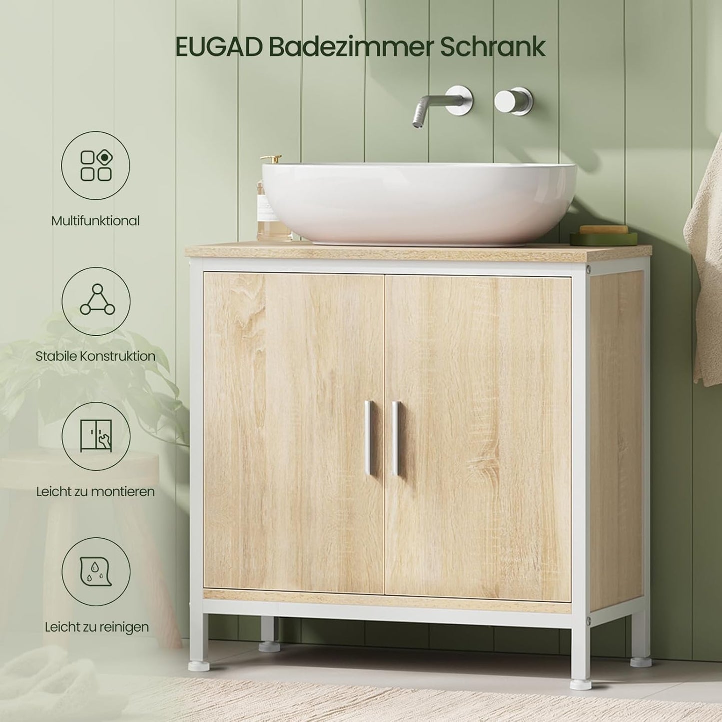 EUGAD Waschtischunterschrank – 60 x 60 x 30 cm – weiß und helle Eiche – mit verstellbarer Trennwand