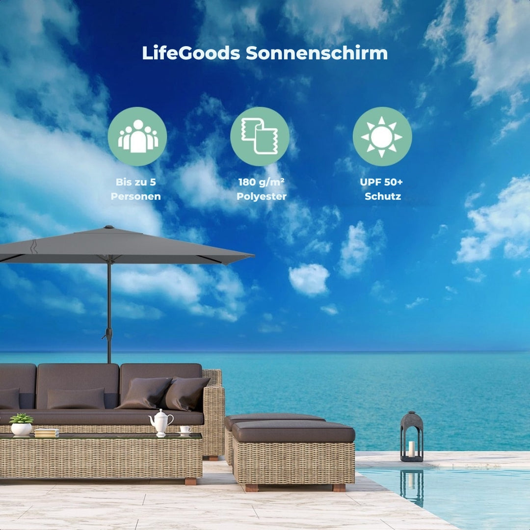 LifeGoods Rechteckiger Sonnenschirm mit Bezug - 30° neigbar - Wasserdicht - 270x180cm - Dunkelgrau
