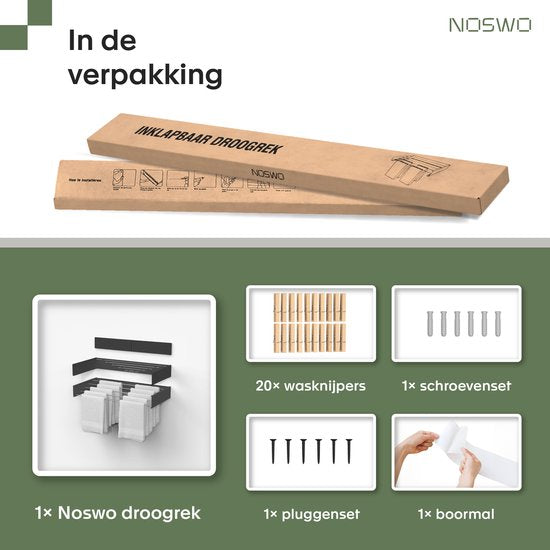 Noswo Zusammenklappbarer Wäscheständer - Wandtrockner - Inklusive 20 Wäscheklammern - Hängender Wäscheständer - Zusammenklappbar - Wand - Aufhängbar - 4m Trocknungslänge - Schwarz