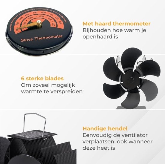 Nuvance Ofenventilator - Für Woodburner - Thermometer enthalten - Kaminventilator - Ofen Ecofan - Wärmeventilator - Schwarz