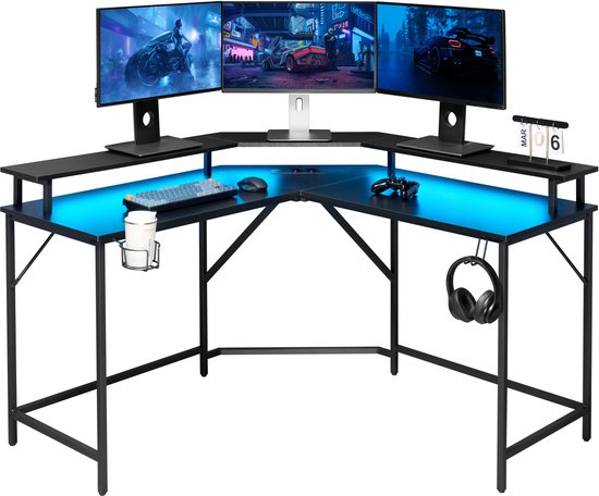 Eckschreibtisch – Gaming-Schreibtisch – L-förmiger Schreibtisch – USB- und USB-C-Anschlüsse sowie Stromanschluss in der Tischplatte – LED-Beleuchtung – Tischplatte 130 x 130 x 50 cm