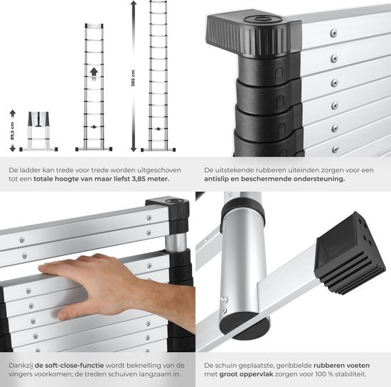 tectake® Teleskopleiter mit 13 Sprossen – Klappleiter – 3,85 Meter – Soft-Close – rutschfest – ausziehbare Teleskopleiter – Anlegeleiter – leichte Aluminiumleiter – zuverlässige Verriegelung