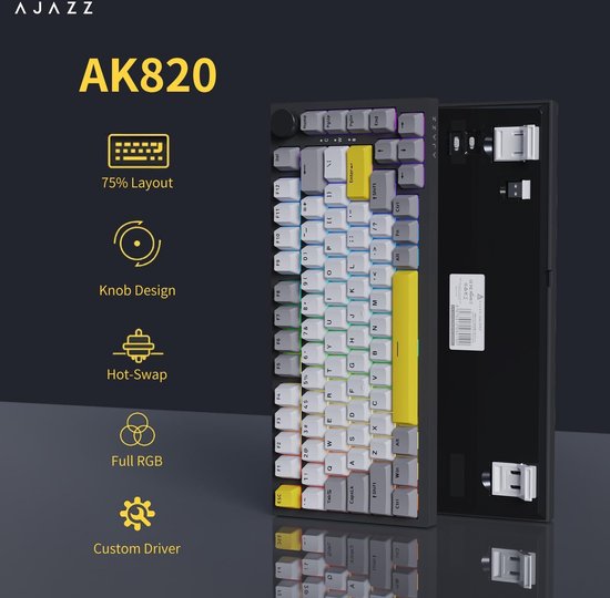 Ajazz AK820 – 75 % kabelgebundene RGB-Gaming-Tastatur – mechanisch – Gasket – Hot-Swap – Lautstärkeregler – QWERTY-Tastatur – 82 Tasten – Mondlichtgelb