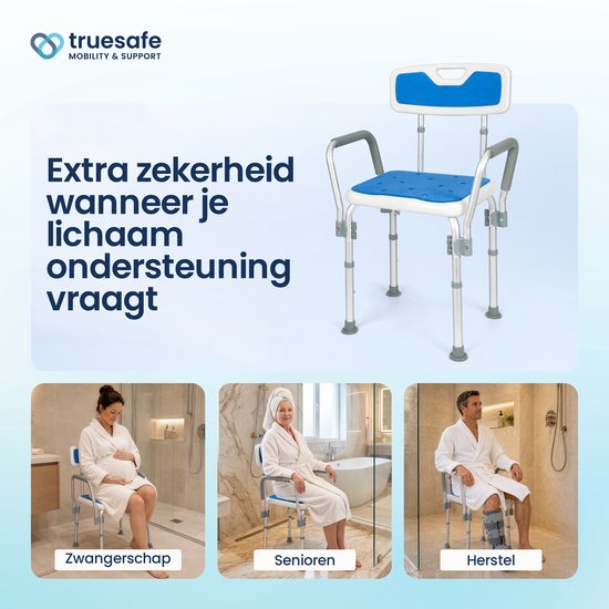 Truesafe Duschstuhl mit abnehmbarer Rücken- und Armlehne – Duschhocker – Badezimmerstuhl – rutschfest – höhenverstellbar – max. 130 kg + Duschbeutel