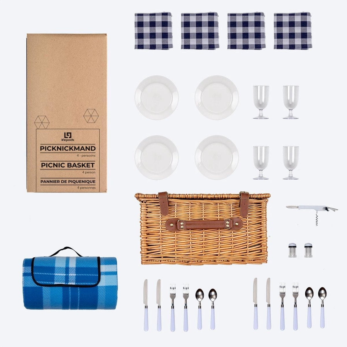 LifeGoods Picknickkorb - 29-teiliges Set mit Picknickdecke - 4 Personen - PU-Leder