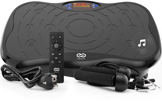 Infinity Goods Vibrationsplatte Premium – Fitness-Vibrationsplatte – inklusive Widerstandsbänder und Griffe – Powerplate – 5 Trainingsprogramme – 99 Geschwindigkeitsstufen – Bluetooth-Musik – Schwarz