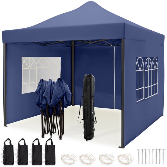LifeGoods Partyzelt - Pavillon - EasyUp - faltbar - 4 Seitenwände - wasserdicht - mit Tragetasche mit Rädern - 3x3 Meter - Dunkelblau