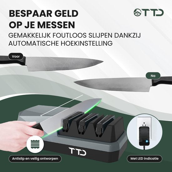 TTD® Premium Messerschärfer Elektrisch - 3 Ständer - Vorbearbeiten, Schärfen und Polieren - Anti-Rutsch - Piercing Sharpener - Messerschärfer - Wetzstahl für Messer