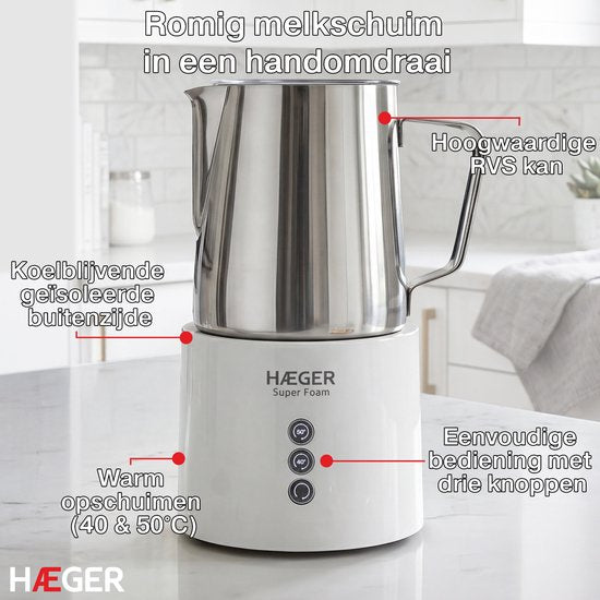 Haeger Super Foam Elektrischer Milchaufschäumer – BPA- und PFAS-frei – Warmhaltefunktion und Antihaftbeschichtung – 250 ml – 600 W – Praktischer Milchaufschäumer – Milchaufschläger – Weiß