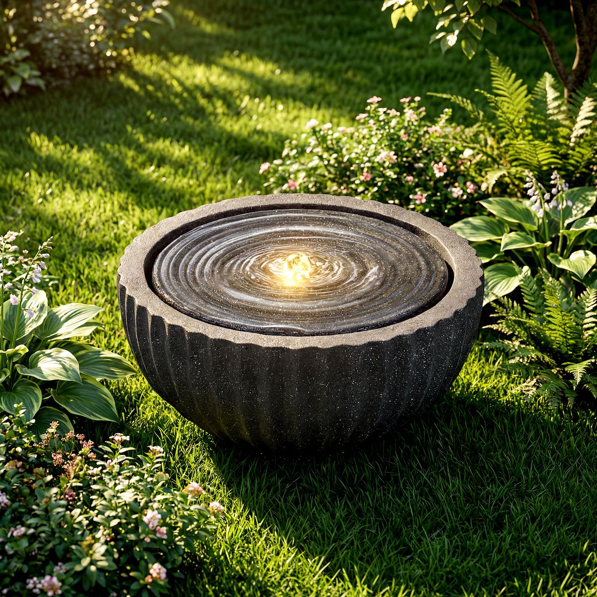 Coast Runder Gartenbrunnen – mit LED-Beleuchtung – Steinoptik – 45 x 45 x 23,5 cm – schwarz