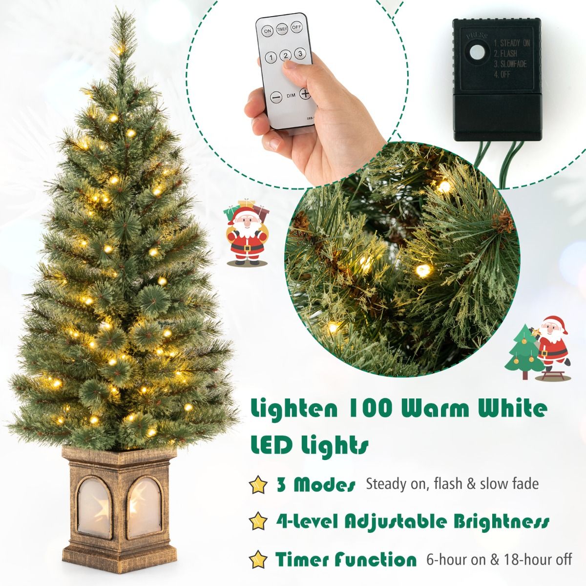Coast Künstlicher Weihnachtsbaum 120 cm Grün/Gold - 116 Zweige - 100 LED-Lichter - Zementgefüllter Sockel - Fernsteuerung